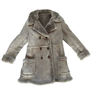 Vintage Shearling-Lined Suede Coat Taupe Double Breasted